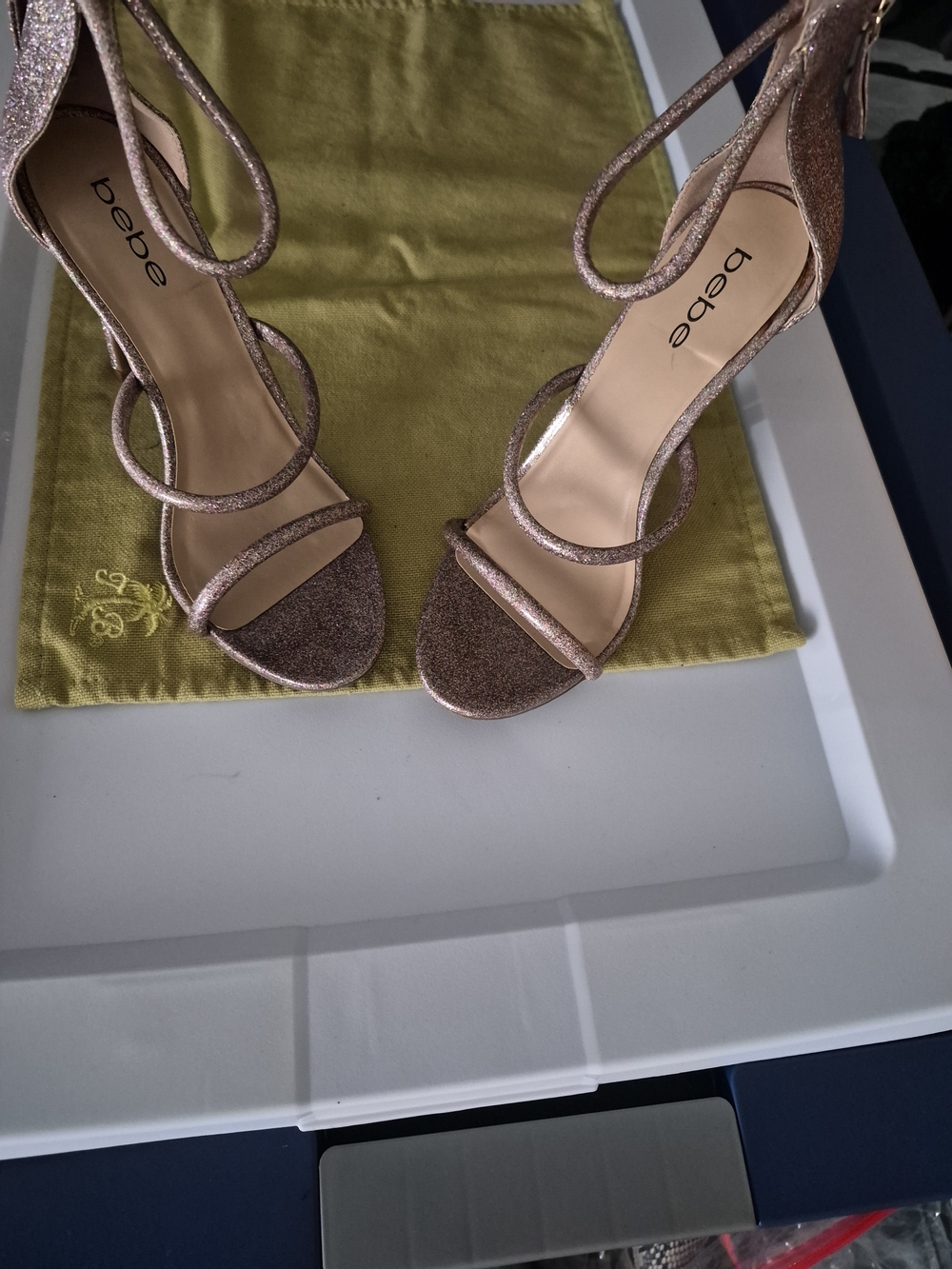 bebe Rose Gold Glitter Strappy Sandals with Ankle Wrap